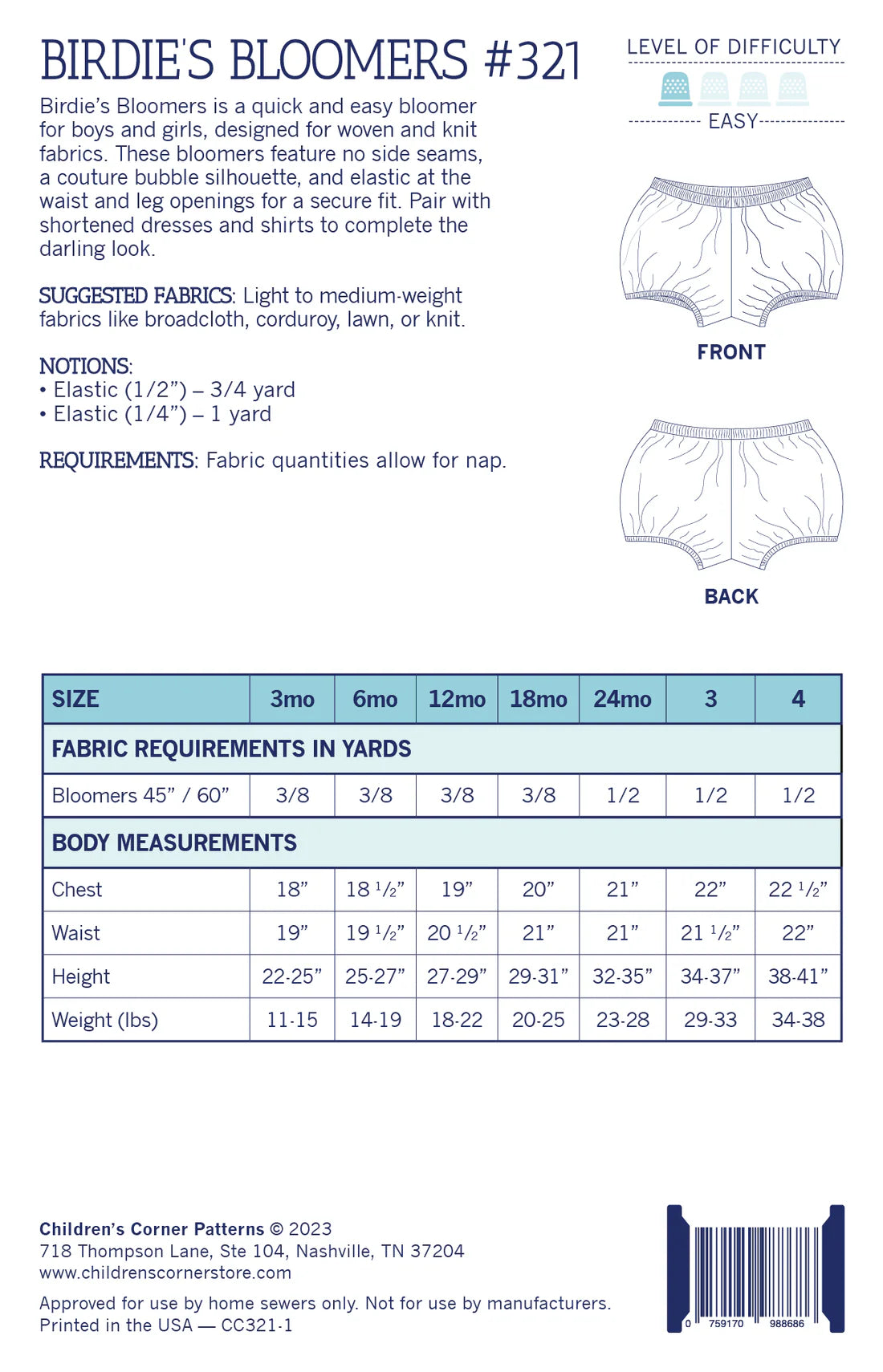 Children's Corner Patterns - Birdie's Bloomers