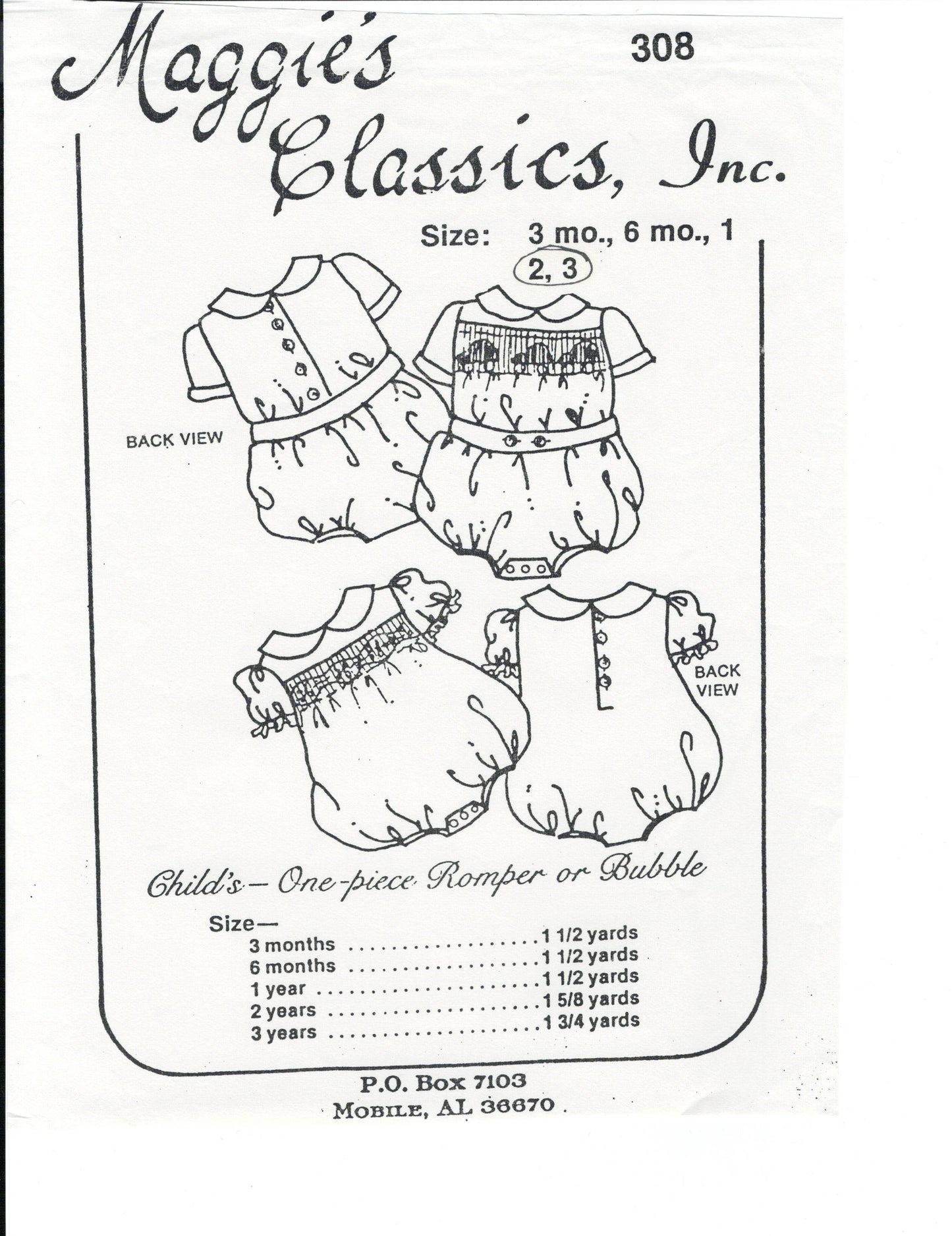 Maggie's Classics-Pattern 308-Child's One-Piece Bubble or Romper
