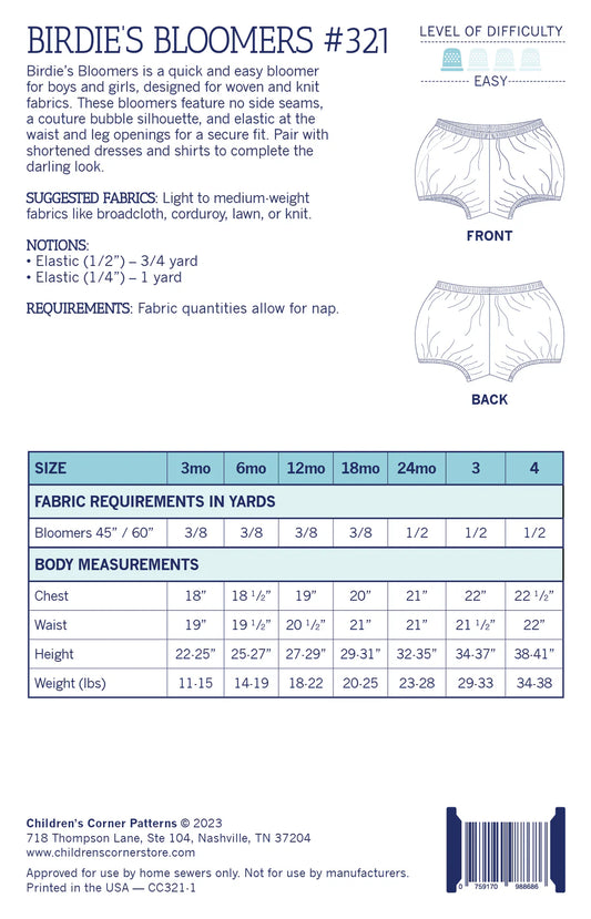Children's Corner Patterns - Birdie's Bloomers