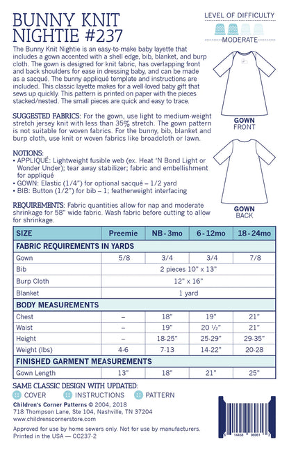 Children's Corner Patterns - Bunny Knit Nightie