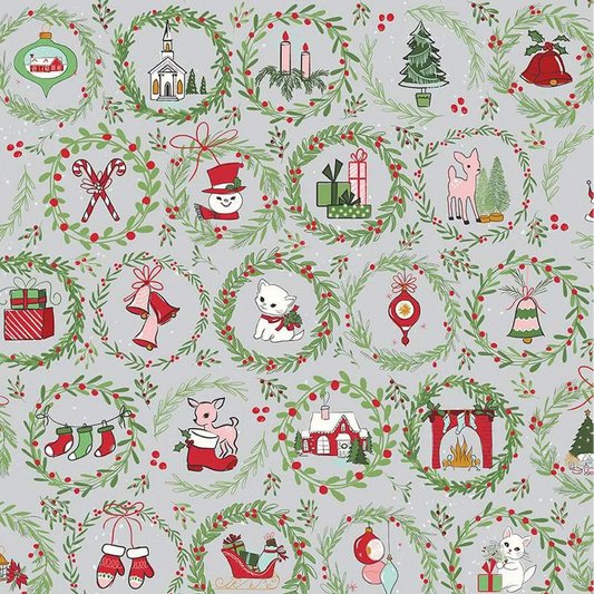 Riley Blake-Mistletoe & Holly-Wreaths-Silver