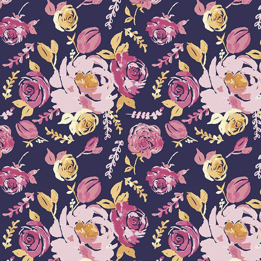Riley Blake Knit-Navy/Pink Rose